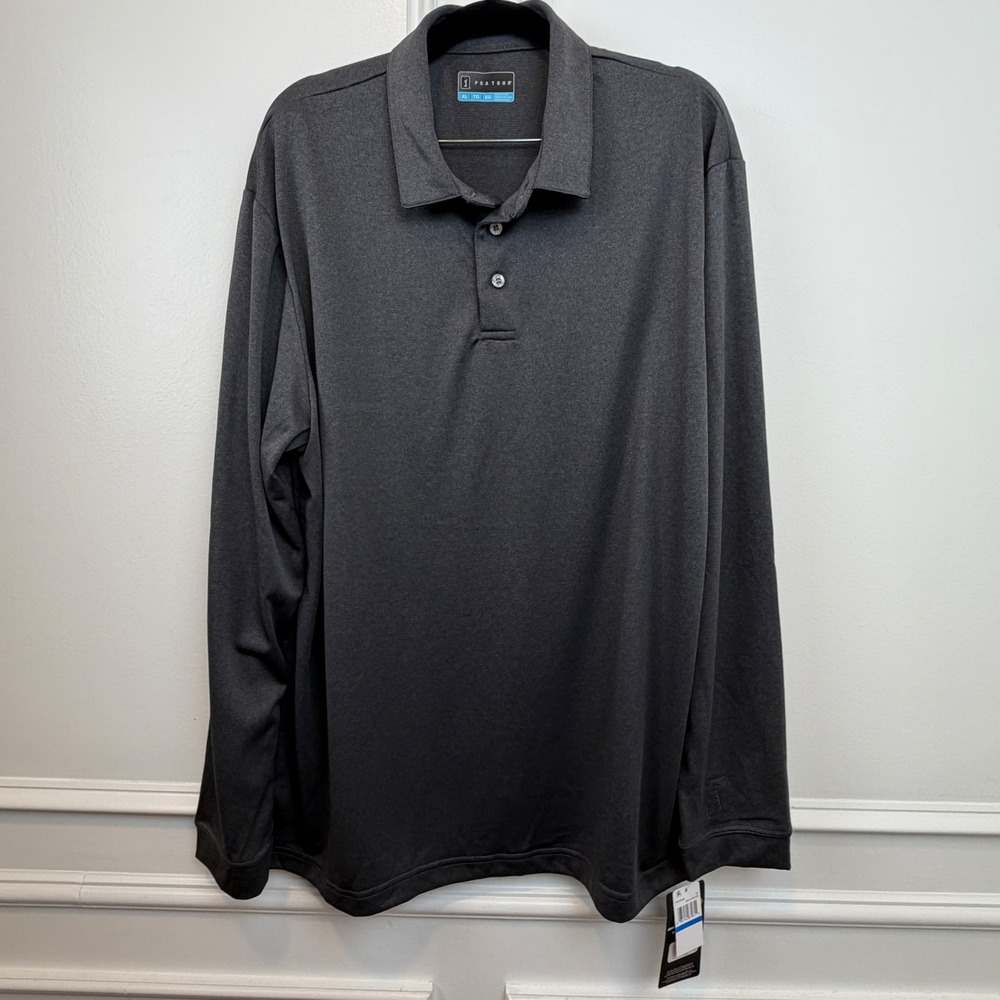 PGA TOUR Mens XL Long Sleeve Polo Shirt‎ Iron Caviar Heather UPF 50 PVKFC0F6DS